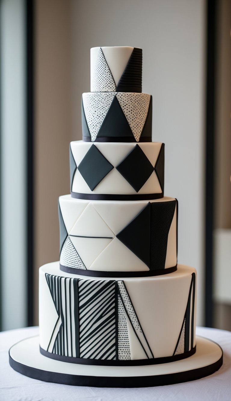 A multi-tiered wedding cake decorated with a black and white geometric pattern on a blurred neutral background.